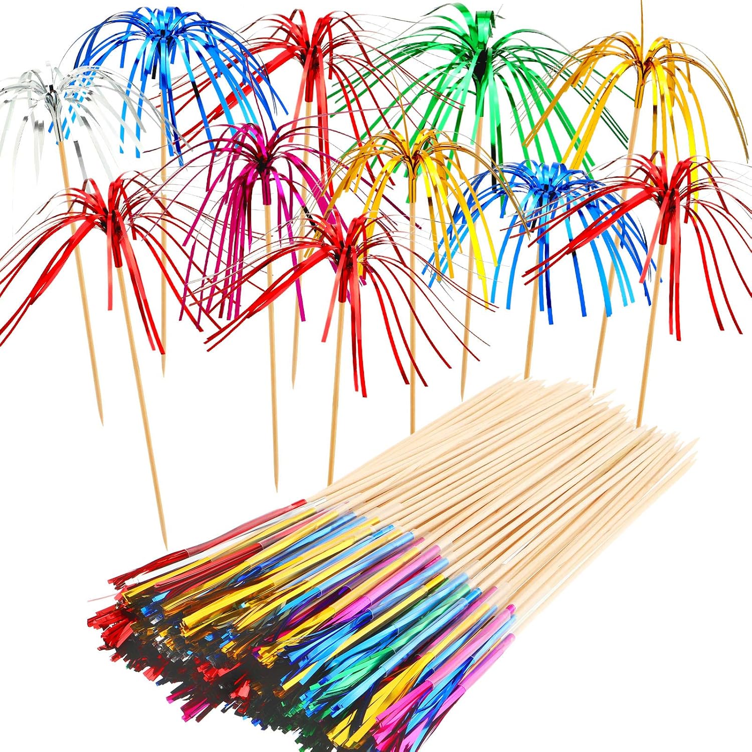 200 Pieces Foil Frill Firework Cupcake Picks Firework Party Cake Toppers Snacks and Fruits Picks for Christmas Birthday Wedding Decoration, Multi-Color