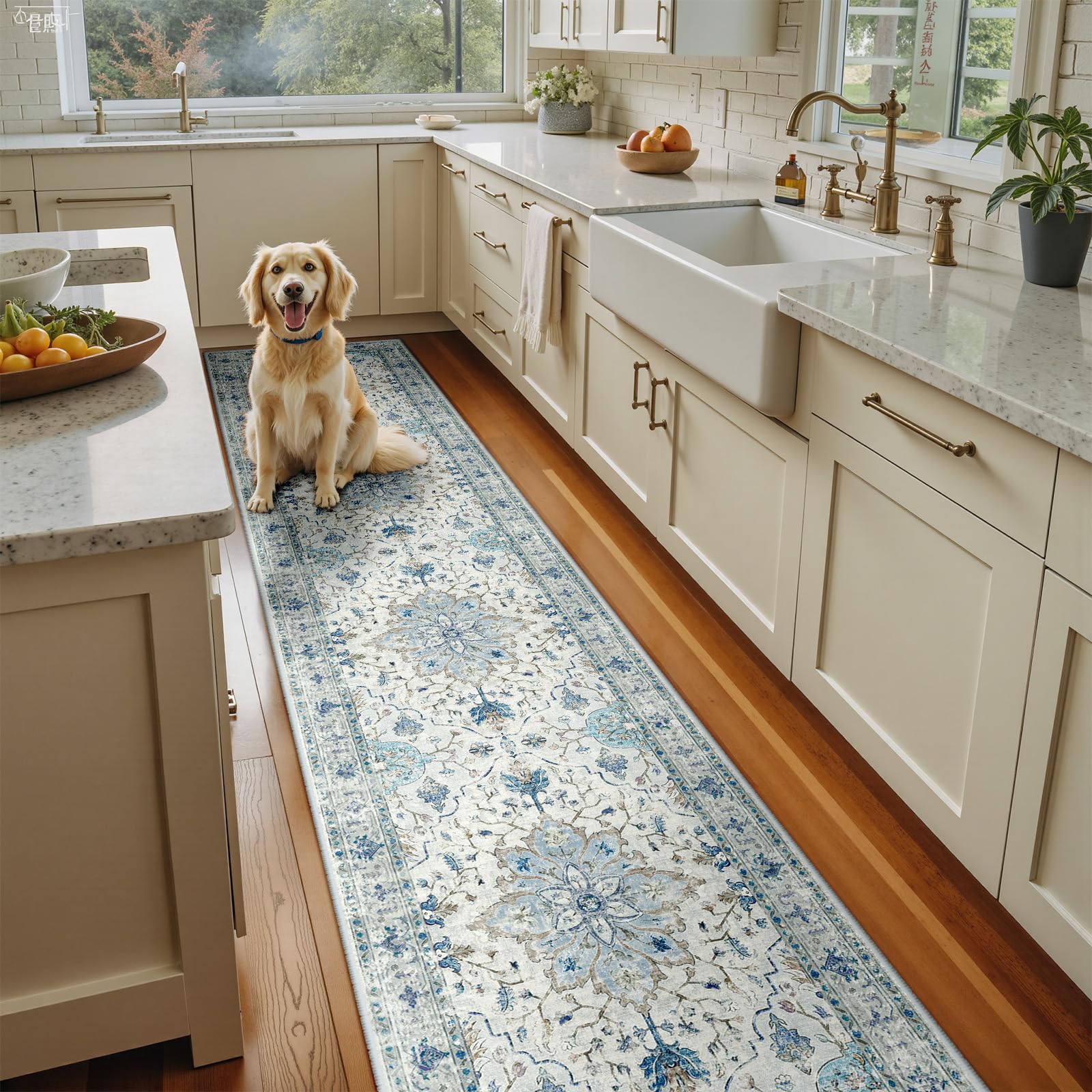 Photo 1 of RELEANY Area Rugs 2'x10' Washable Non-Slip, Floral Vintage Distress Print Pattern Medallion Carpet for Living Room Bedroom Dining Room, Light Blue Navy Beige Gray White