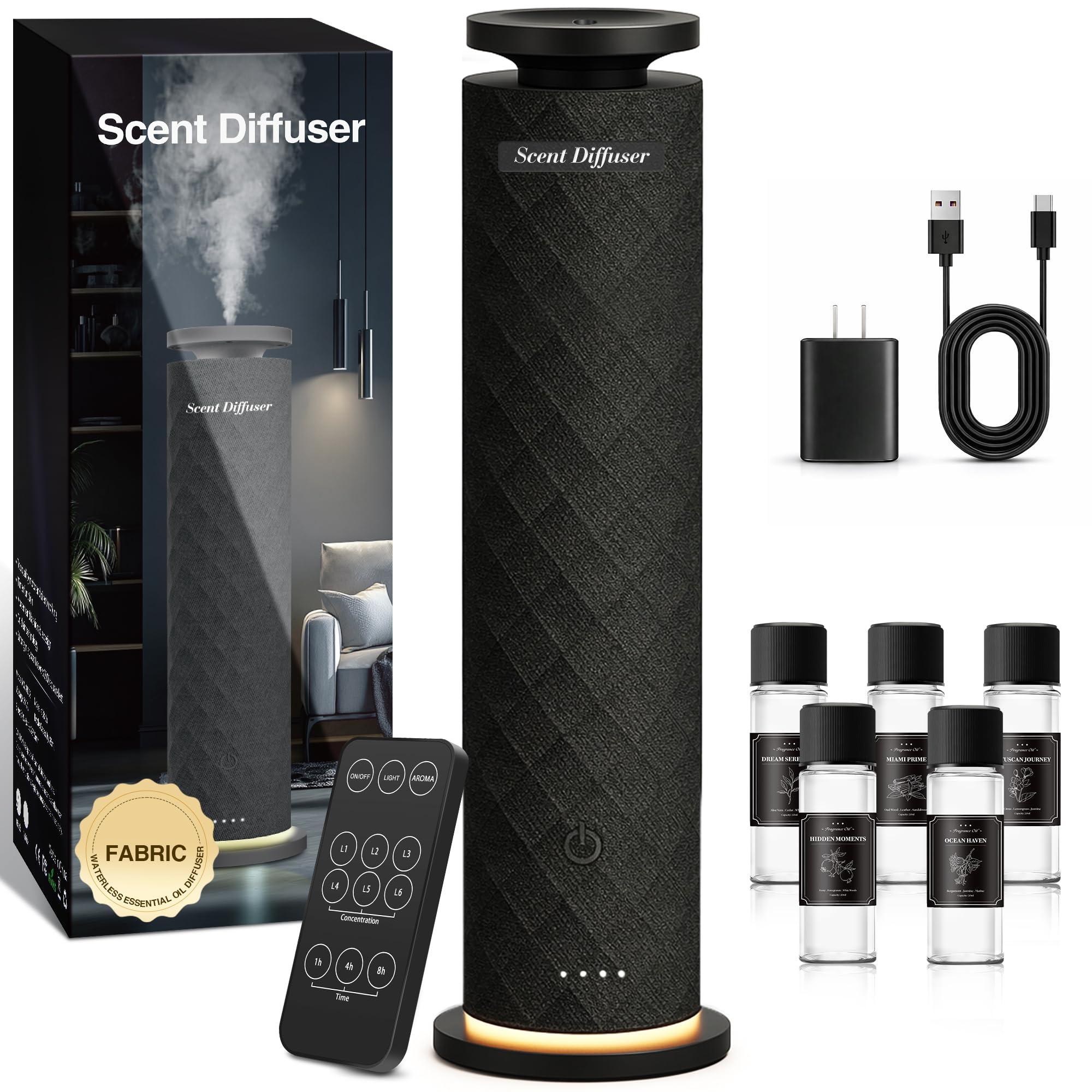 Photo 1 of Waterless Scent Diffuser Starter Kit with 5 Oils, Luxury Hotel Style Cold Air Diffuser Oil Machine for Home, 1000 Sq Ft Coverage, Quiet Nebulizing Aromatherapy with Remote, Tower Fabric Design, Black