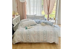 MOTNTD Blue Floral Duvet Cover Queen Kawaii Kids Bedding Set Queen Soft Cotton Garden Flower and Cute Bunny Pattern Duvet Cover Set Girls Aesthetic Boho Breathable Comforter Cover with 2 Pillowcases