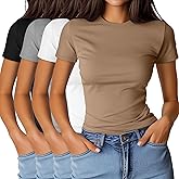 Ficerd 4 Pack Women's Basic Short Sleeve Shirts Slim Fitted Crew Neck Tees Casual Cotton Blend Summer Tops