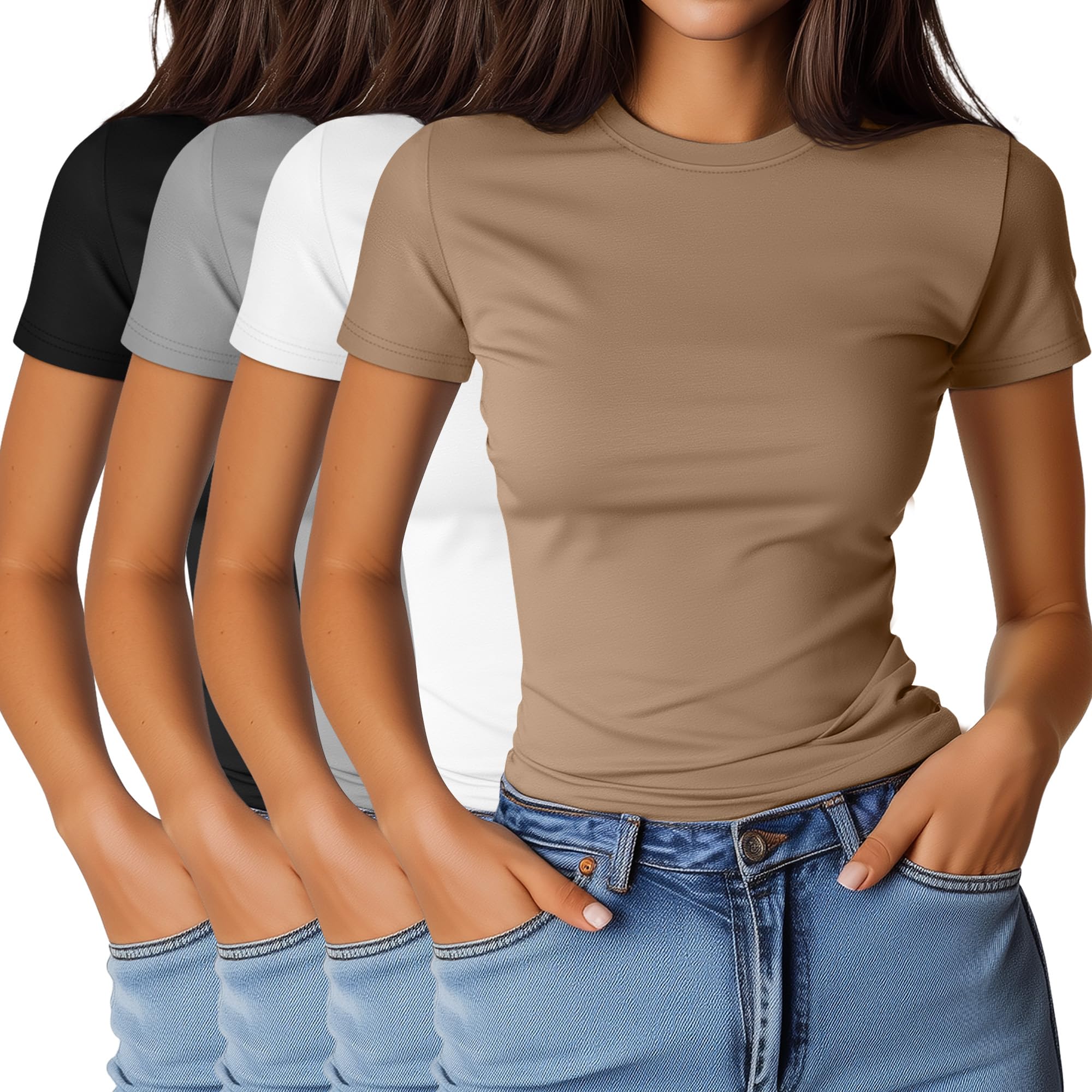 Photo 1 of **USED** Ficerd 4 Pack Women's Basic Short Sleeve Shirts Slim Fitted Crew Neck Tees Casual Cotton Blend Summer Tops(XX-Large,Khaki, White, Light Gray, Black)