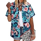 Hawaii Shirt Women Hawaiian Tshirt Floral Leaves T-Shirt Tropic Beach Tee Button Up Shirts Summer Vacation Tops