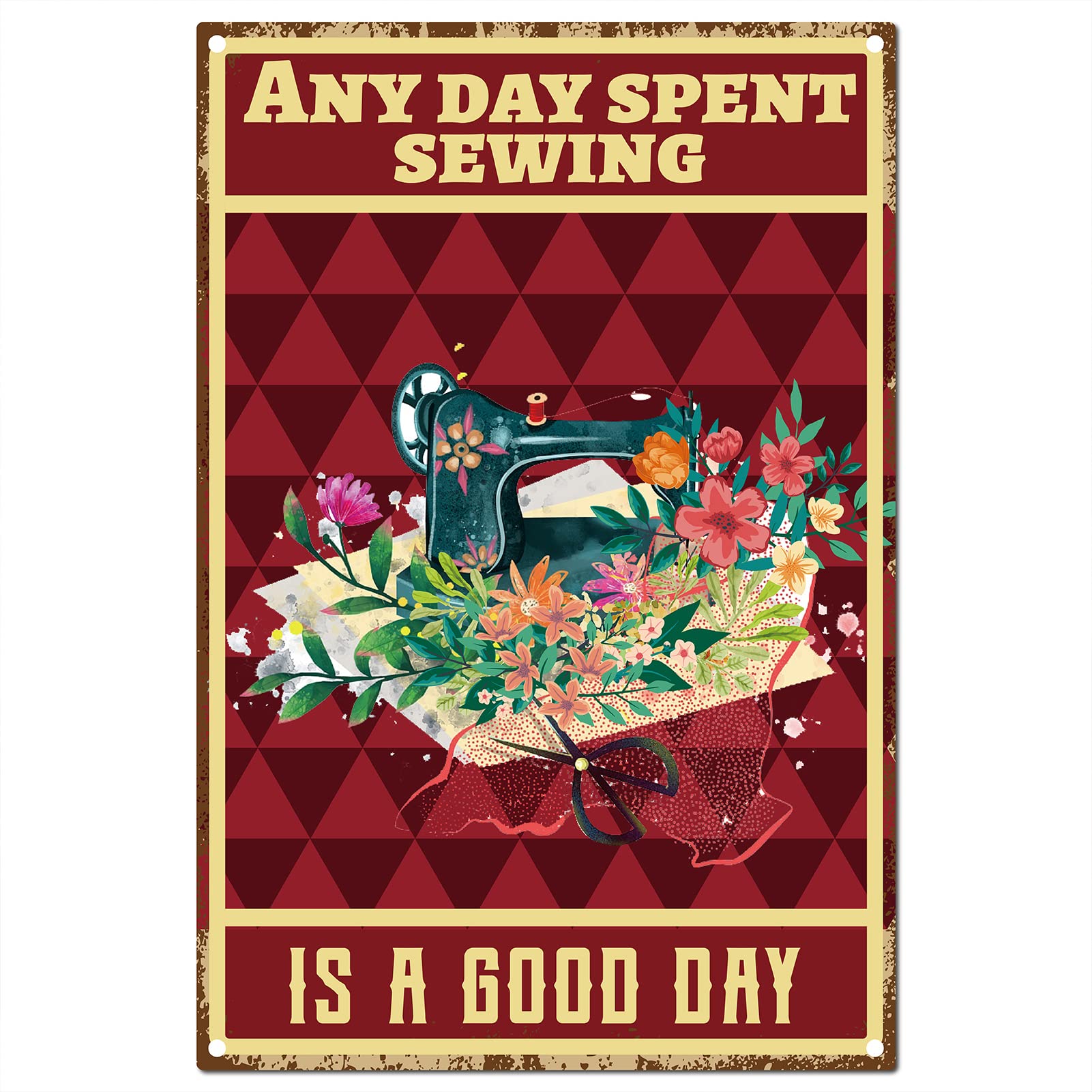 CREATCABIN Sewing Metal Signs Tin Plate Any Day Spent Sewing is A Good Day Sign Vintage Red Sewing Machine Plaque Retro Poster for Living Room Family Home Wall Decorations, 8x12Inch