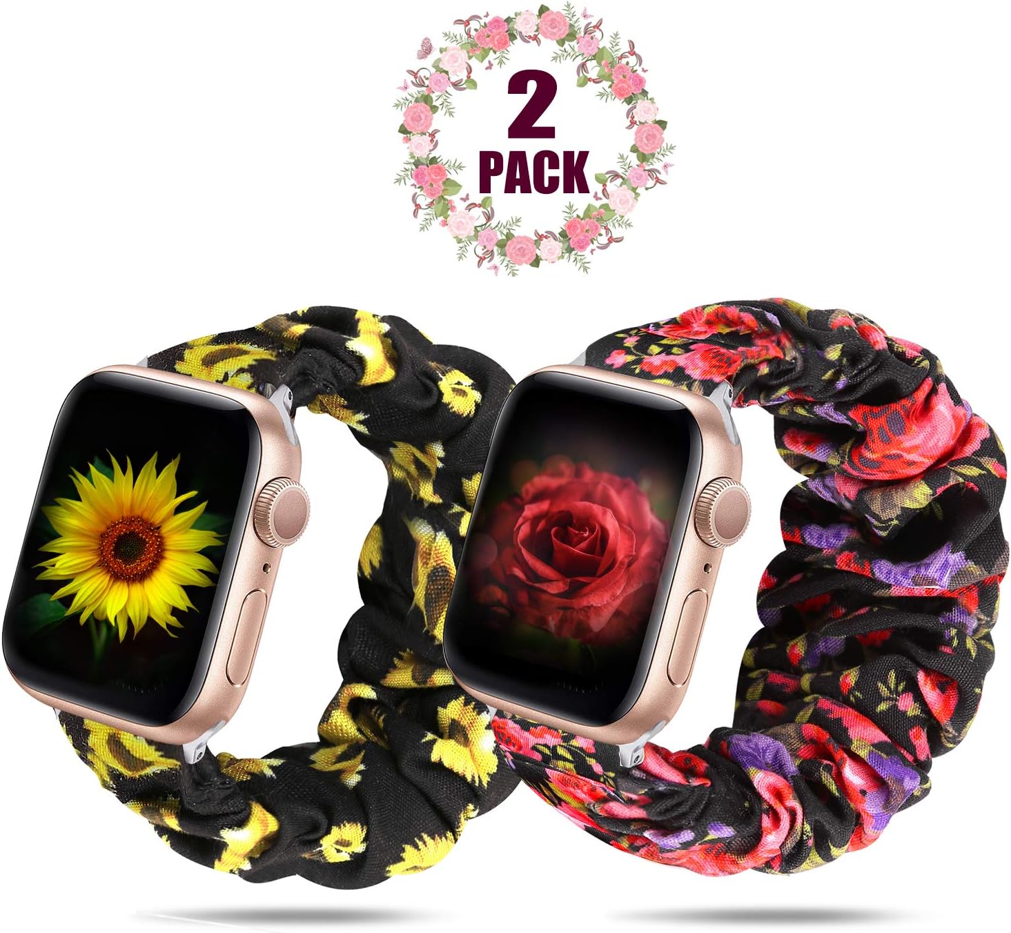 Huishang 2 Pack Scrunchie Watch Band Compatible for Apple Watch Band 38mm 42mm 40mm 44mm Women,Elastic Strap Compatible with iWatch Apple Watch Series 5 4 3 2 1 (Sunflower+Red Flower, 38mm/40mm)