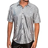 Lars Amadeus Metallic Shirts for Men's Button Down Short Sleeve Nightclub Prom Party 70s Disco Shiny Shirt