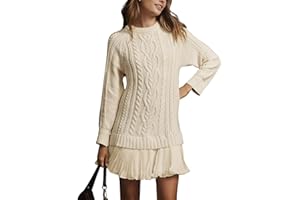 MINSURE Women Cable Knit Sweater Dress Crewneck Long Sleeve Pleated Mini Dress Twofer Style Patchwork Dress