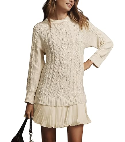 Saodimallsu Womens Fit and Flare Mini Sweater Dress Puff Long Sleeve Cable Knit Crewneck Dressy A Line Short Dresses Apricot at Amazon Women's Clothing store
