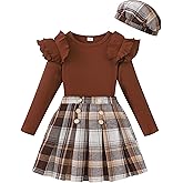 Yhnslsf Girls Teen Clothes, Fall Winter Outfits Long Sleeve Ruffle Sleeve Top and Pleated Plaid Mini Skirt Set Size 7-14Y