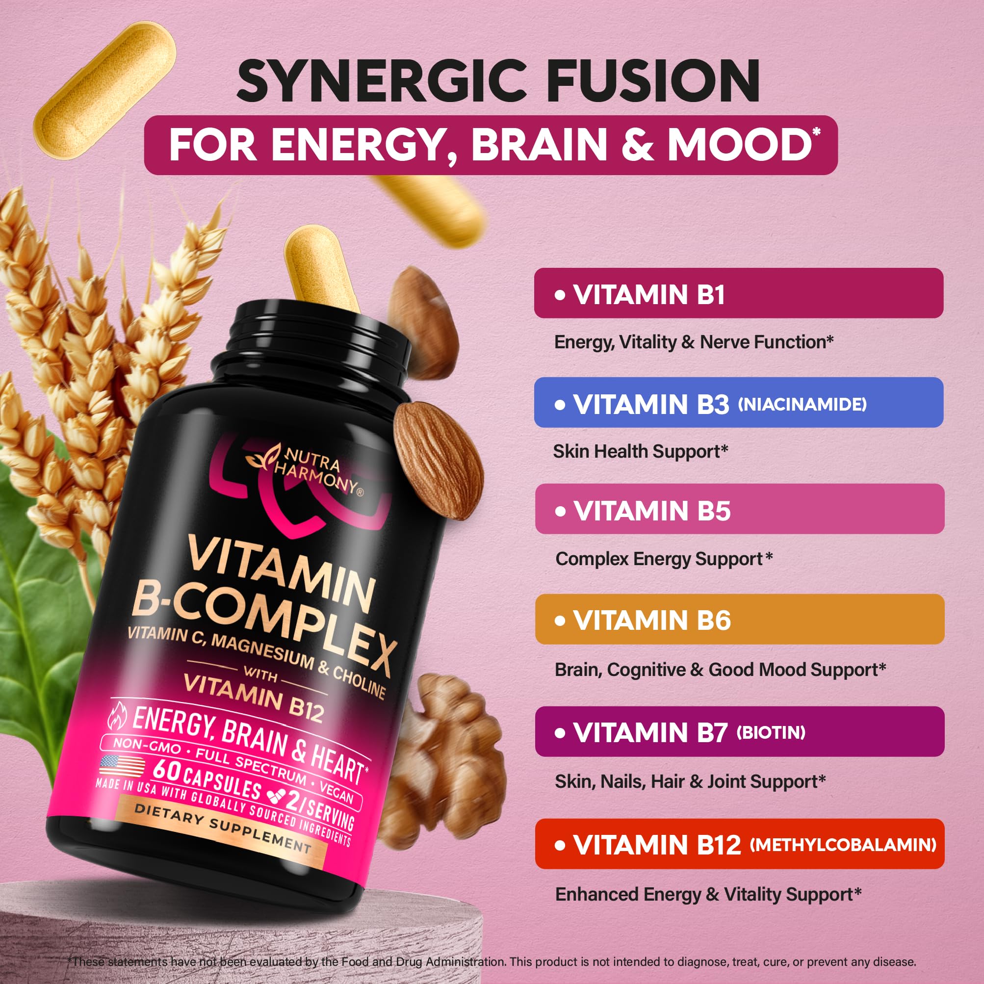 Vitamin B Complex for Men & Women - Riboflavin B2, B12, B1, B3, B5, B6, B7, B8, B9 | Vitamin C, Choline, Inositol - B-Complex Supplement - Energy, Brain & Heart Support - Made in USA, 60 Vegan Caps