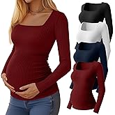 Huukeay 4 Pack Women's Maternity Shirts Cotton Ribbed Long Sleeve Square Neck Pregnancy Tunic Tops Side Ruched Basic Tee
