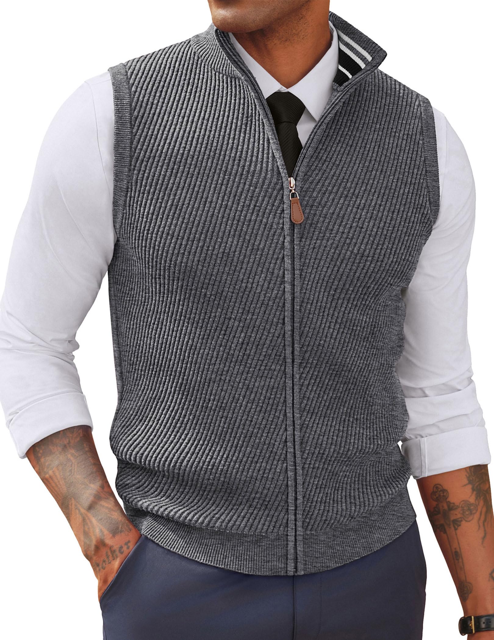 PJ PAUL JONES Men's Sweater Vests Slim Fit Twill Textured Full Zip Sleeveless Vests Casual Outwear