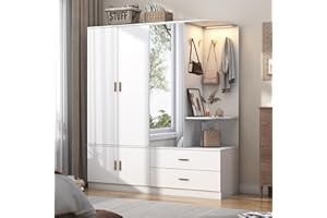 XVD Armoire Wardrobe Closet with Mirror & Sensor Light, Bedroom Armoire with 5 Doors & 2 Drawers, Modern Wooden Large Wardrobe Closet with Shelves, 4 Hooks, 2 Hanging Roods, Open Space, White