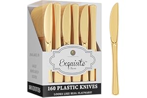Exquisite 160 Pack Gold Plastic Knives - Heavy Duty Disposable Silverware for Catering, Party, Weddings & More