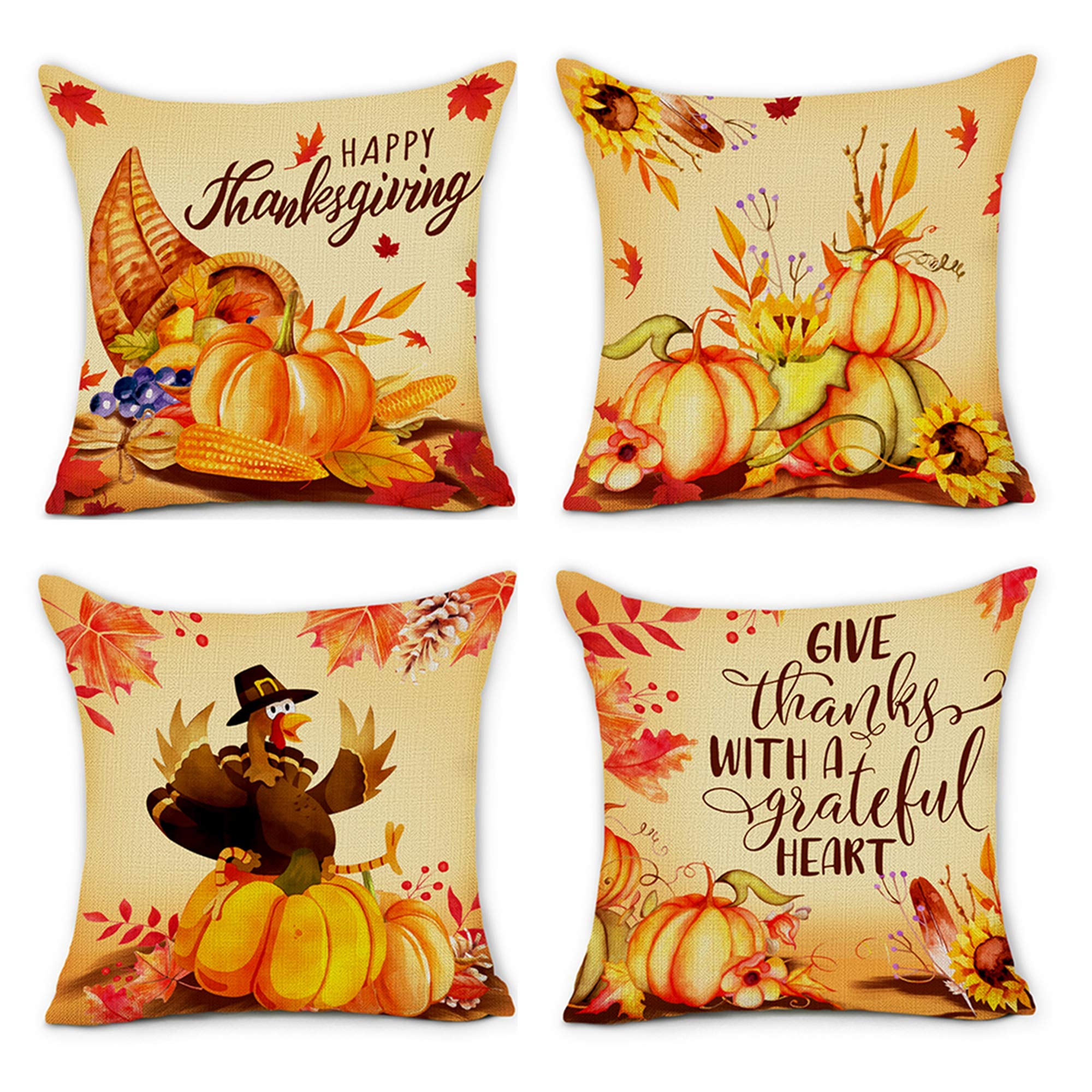 Hexagram Thanksgiving Day Decorative Pillow Covers 18 x 18 Inch Set of 4 Fall Pumpkin Thanksgiving Turkey Cotton Linen Throw Pillow Cover Cushion Case for Living Room Sofa Couch Give Thanks Home Decor