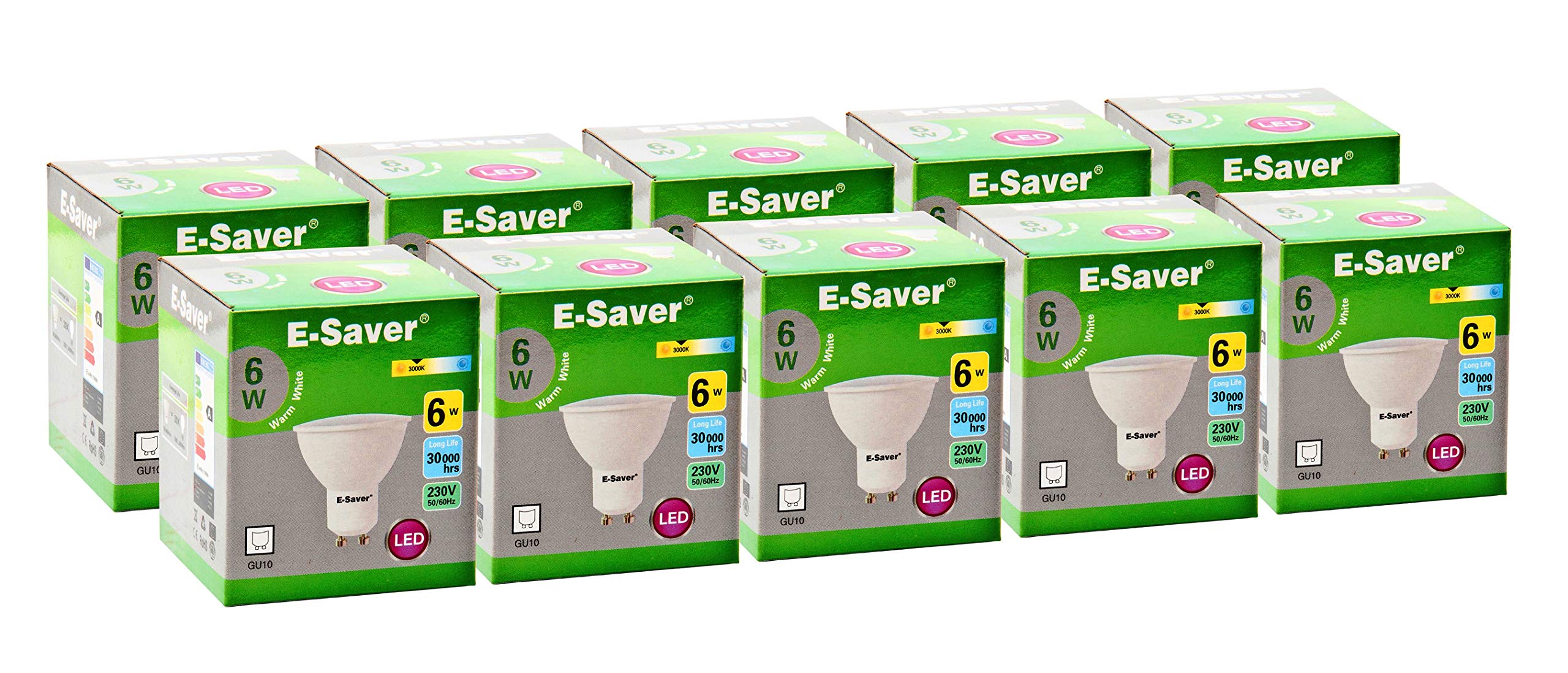 E-Saver - GU10 LED Bulbs - 6w = 60watt - (Pack of 10) - Warm White 3000k - Excellent Replacement for 60w Halogen Spotlight Bulbs with New Chip Technology - Flicker Free - Non Dimmable