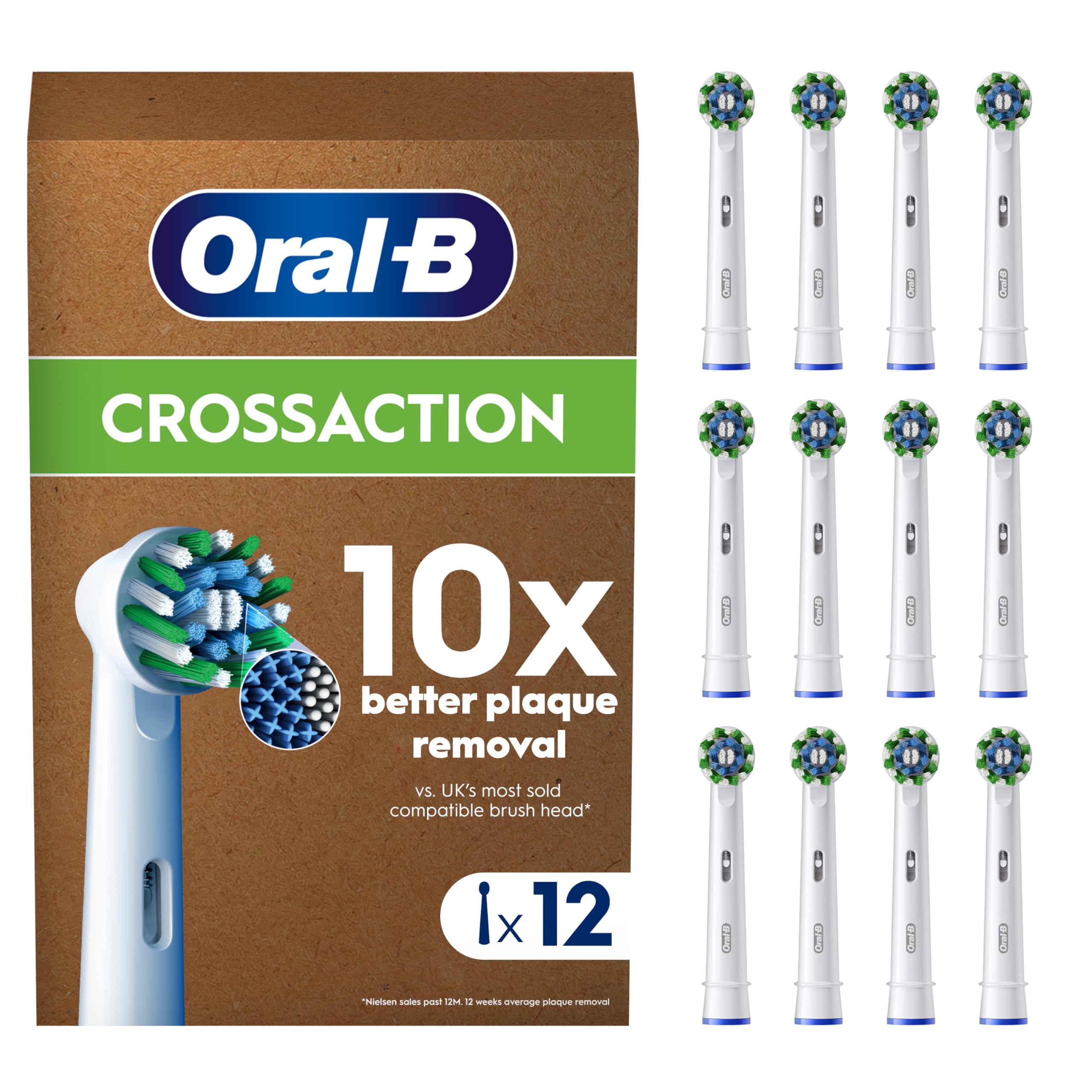 Oral-B Pro Cross Action Original Electric Toothbrush Head, X-Shape and Angled Bristles for Deeper Plaque Removal, Pack of 12 Toothbrush Heads, Suitable for Mailbox, White
