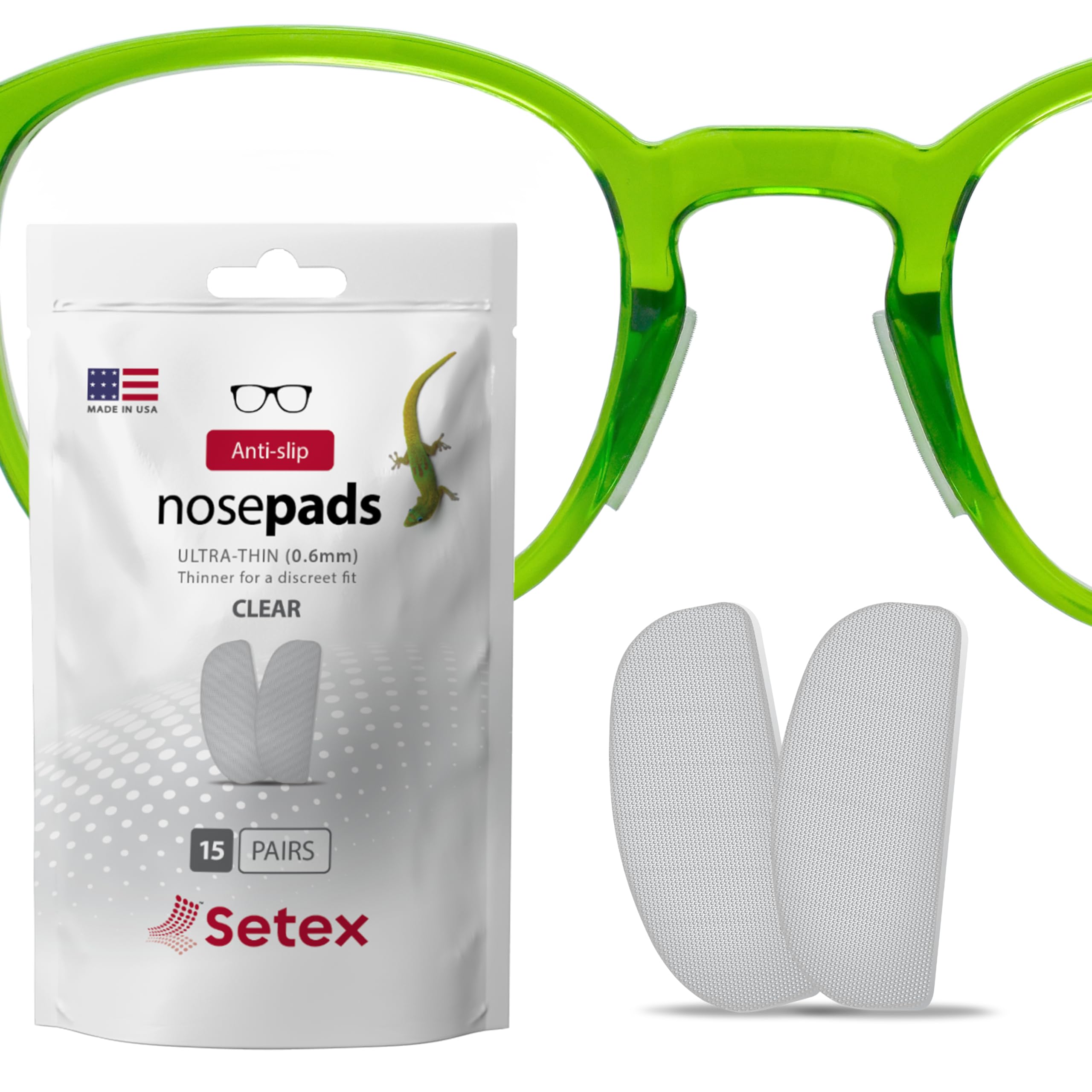 Setex Gecko Grip Glasses Nose Pads (15 Clear Pairs) - Anti-Slip Ultra-Thin 0.6 mm, Micro-Structured Fibers, Ultra-Strong Grip and Ultra-Soft, Self Stick Adhesive, 0.6 x 7 x 16 mm