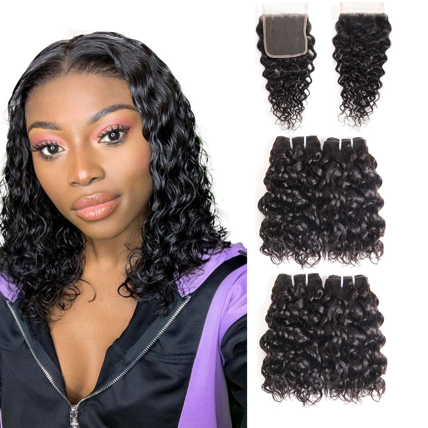 8A Water Wave Wet and Wavy Human Hair Bundles With Closure Brazilian Virgin Human 8A Water Wave Wet and Wavy Human Hair Bundles With Closure Brazilian Virgin Human