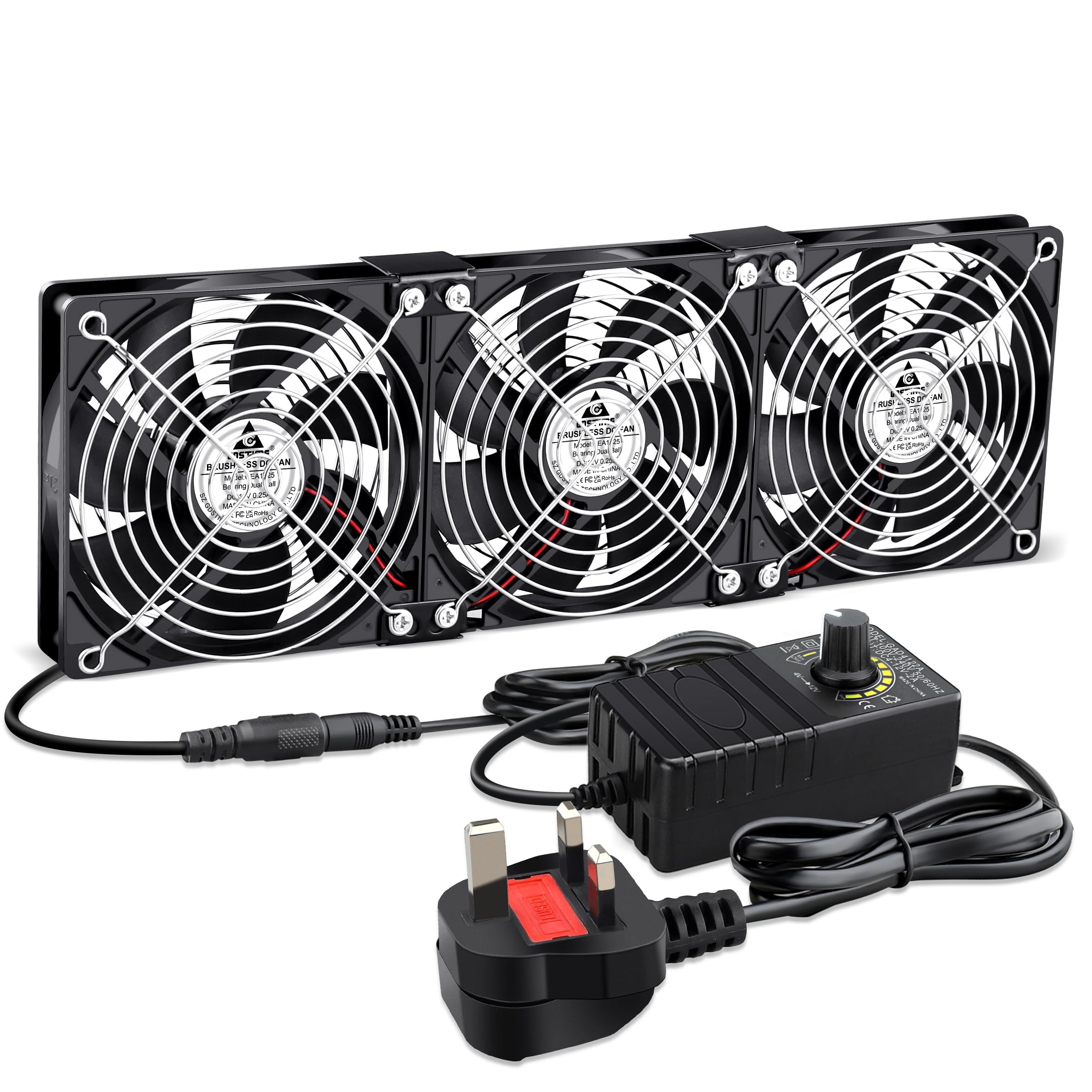 GDSTIME 3 x 120mm Computer Rack Fan 360mm Cabinet Inverter Cooling Fan with AC 220V 230V 240V UK Plug DC 4V 5V 12V Adjustable Speed Control Dual Ball Bearing PC Fans for Chassis Server Workstation