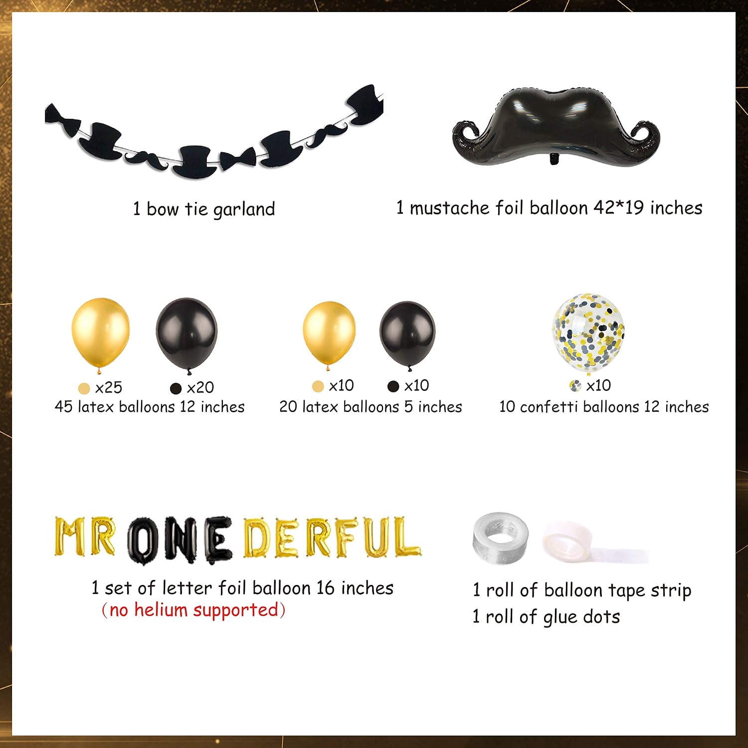 Meuparty Mr Onederful 1st Birthday Decorations Mr Onederful Balloon Banner Black Gold Confetti Balloons for Little Man Bow Tie First Birthday Party Supplies - Image 5