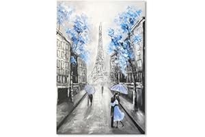 YPY Abstract Paris Canvas Wall Art: Black White Eiffel Tower Picture for Living Room Decor, Blue Grey Hand Painted Textured Oil Painting Large Modern Artwork Home Decoration 24 x 35