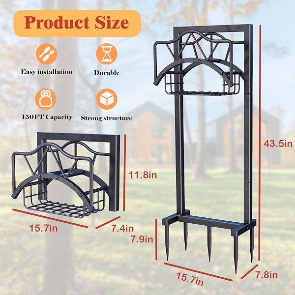 AMDERVEN GARDEN HOSE HOLDERS FOR OUTSIDE – WATER HOSE HOLDER FREESTANDING,METAL HOSE STAND WITH 5 SPIKERS,HOSE HANGER WITH BASKET,OUTDOOR GARDEN HOSE REEL HEAVY DUTY,HOLDS 150-FEET HOSE,BLACK