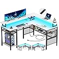 Unikito L Shaped Computer Desk with LED Strip and Power Outlets, Reversible Corner Desk with Monitor Stand and Storage Shelf, Modern Gaming Home Office Table with USB Ports, White