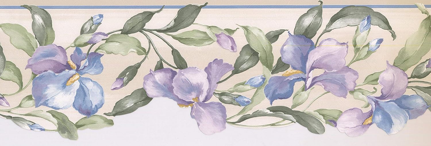 x 7 in Purple Blue Flowers on Vine Scalloped Floral Wall Border Retro