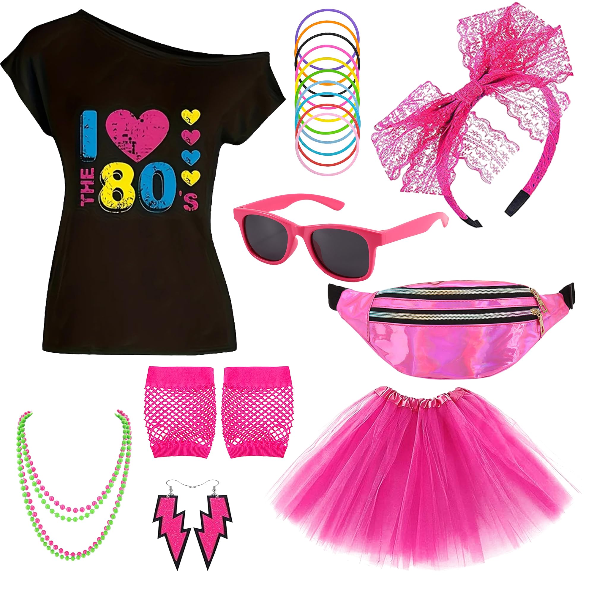 MOSNOW 80s Fancy Dress For Women, 19PCS 80s Girl's Clothing and Accessory Set, T - shirt Printed with Elements, Retro 1980s Themed Party — image 1