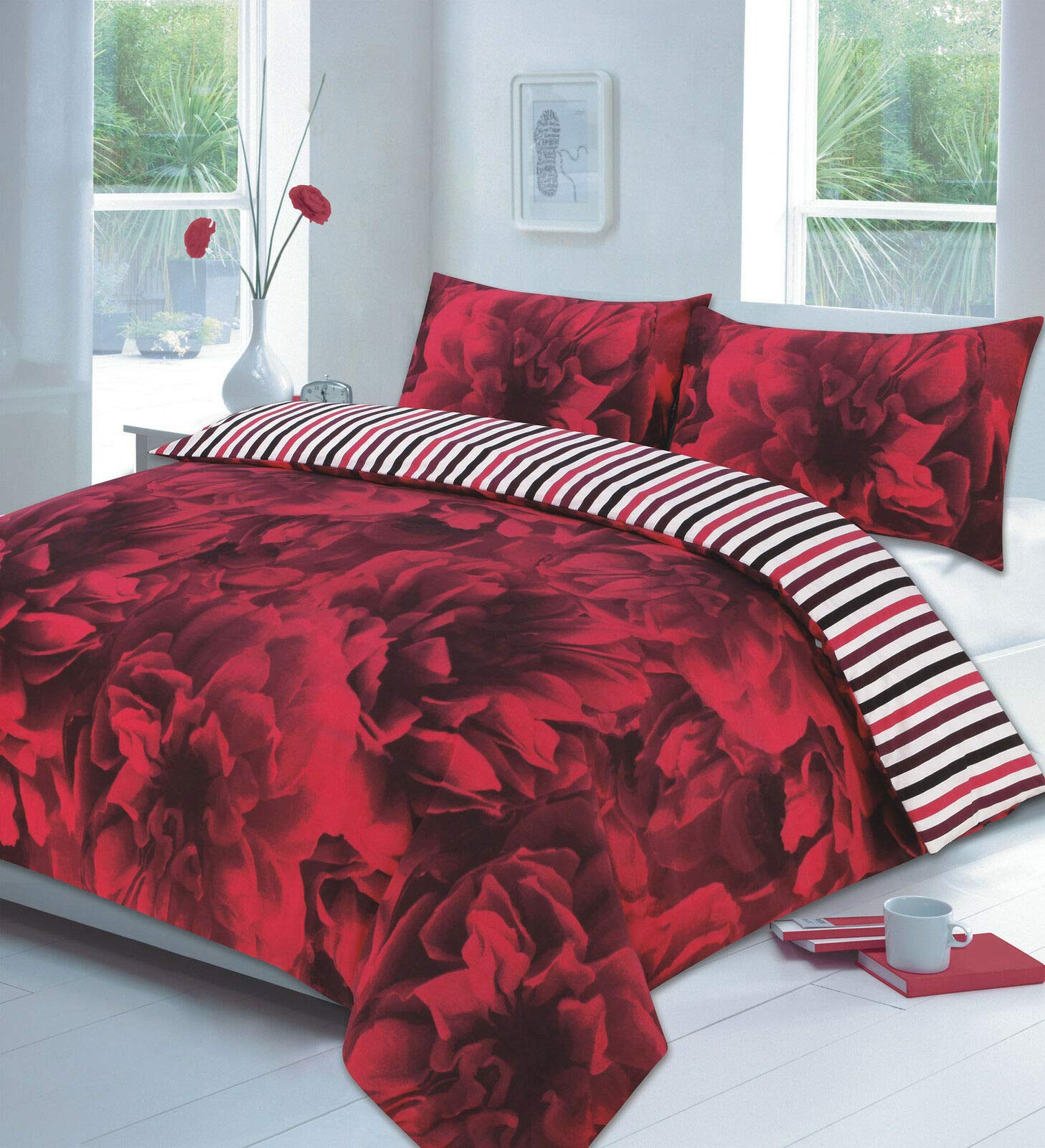 HOMES-LINEN Rose Floral Reversible Stripes Duvet Cover Set Easy Care Printed Bedding Set (Red, Double)