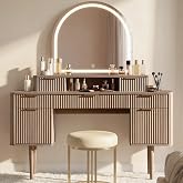 55.7" Fluted Vanity Desk with Arched Mirror, Modern Makeup Vanity, Oak | Large, 7 Drawers, Adjustable LED Lights, Metal Handles, Curved Corners and Wood Legs, Dressing Table for Bedroom