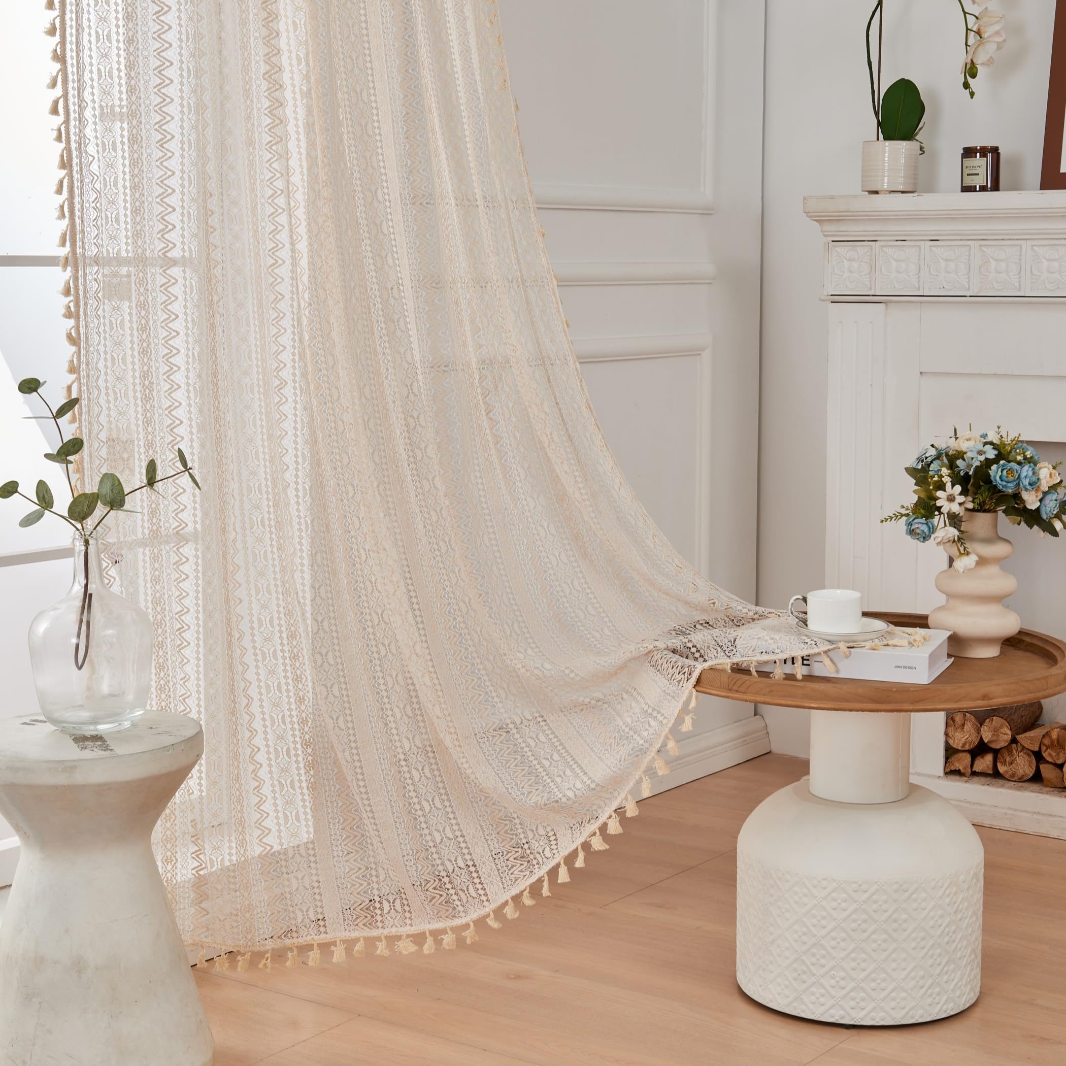 USTIDE Beige Wave Crochet Curtain 1 Panel Farmhouse Sheer Curtain with Tassels 150x160cm — image 1