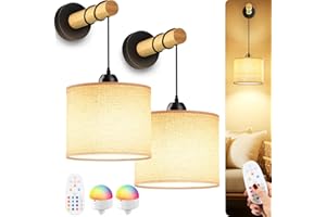 Rechargeable Battery Operated Wall Sconces Set of 2, Modern Fabric Wall Lamps with Wooden Arm & Remote Control, Dimmable Mult