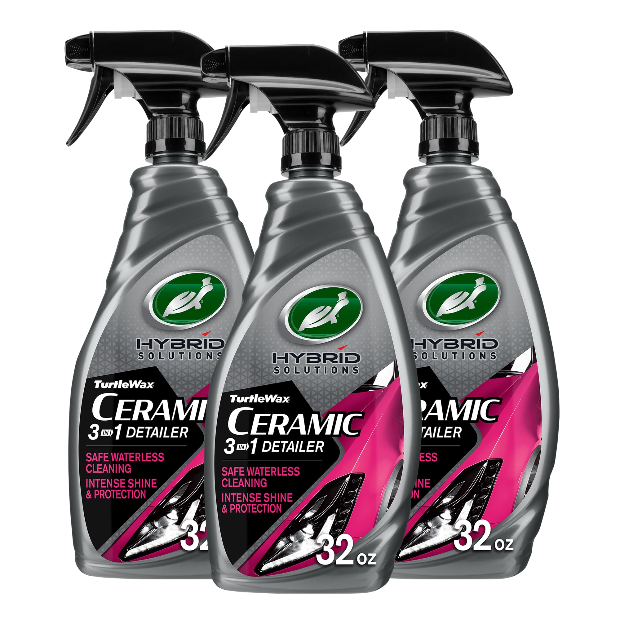 Turtle Wax Hybrid Solutions Ceramic 3-in-1 Car Detailer, Waterless Car Wash, Long-lasting HydrophobicWax Protection and High Gloss Shine, Safe For All Exterior Surfaces, 32 oz (Pack of 3) Image