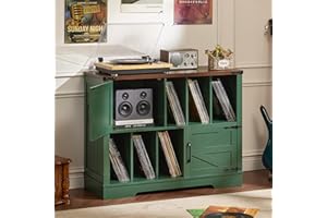 Joaxswe Large Record Player Stand with Vinyl Storage Up to 450 Albums, 39 Inch Farmhouse Wood Green Vinyl Records Storage Cabinet with Barn Doors, Mid-Century Accent Turntable Stand for Living Room