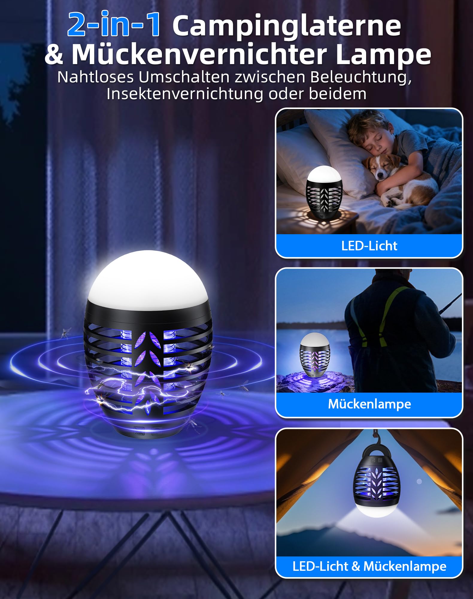 ROVLAK Insektenvernichter Campinglampe Outdoor, LED Mückenlampe USB Wiederaufladbar 2-In-1 Moskitokiller Lampe mit LED Licht, 3 Beleuchtungsmodi, Wasserdicht UV Mückenschutz für Camping, Zelt, Garten 2