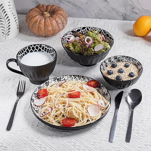 LEHAHA Ceramic Dinner Plates Set of 6, Porcelain Black and White
