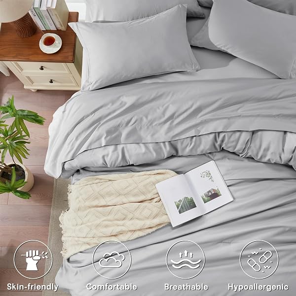 ANLUOER LIGHT GREY QUEEN COMFORTER SET 7 PIECES, BED IN A BAG WITH SHEETS, ALL SEASON BEDDING SETS WITH 1 COMFORTER, 2 PILLOW SHAMS, 2 PILLOWCASES, 1 FLAT SHEET, 1 FITTED SHEET