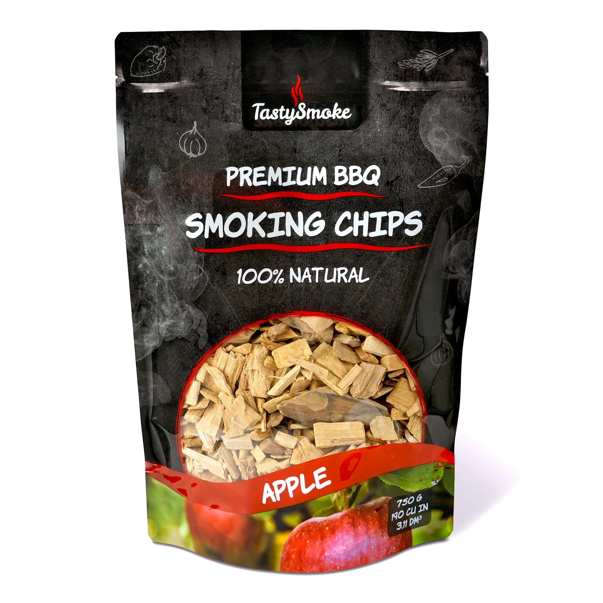 TastySmoke® High Quality Apple Smoking Chips - 100% Natural Wood for Intense Smoke Flavour, Ideal for BBQ, Smoker, Grill - 750g Smoking Wood for Meat, Fish, Vegetables