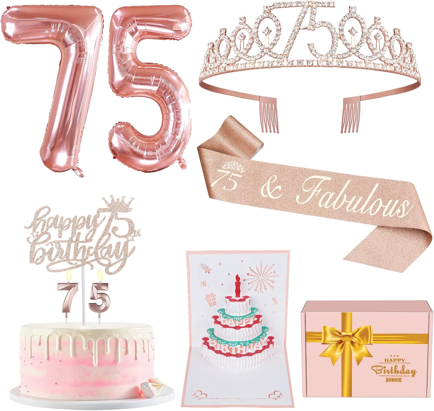 Candles & Holders - 75th Birthday Decorations For Women, Include 75th Birthday Sash and Tiara, Birthday Cake Topper and Number 75 Candles, 75 Balloons, 3D Birthday Card, 75th Birthday Gifts Women