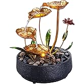 MSEONWXI Tabletop Fountain Metal Lotus Circulating Fountain Water Feature for Zen Home Decor Warm Yellow Scene Light(23034)