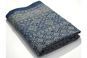 Sophia-Art California King/King/Twin Size Bohemian Hand Block Ajrak Vintage Print Bedspread Kantha Blanket Bed Cover, Sofa Cover Hand Stitch Throw Quilt (Blue-Yellow, King 90108 Inches)
