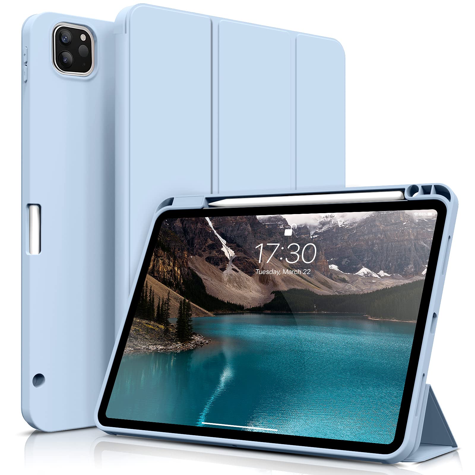 ZOYU Case for 11 inch iPad Pro 4th/3rd Generation 2022/2021, Trifold Stand Protective Case with Pencil Holder, Auto Sleep/Wake, Soft Slim TPU Back Cover, for iPad 11" Pro 2nd 1st 2020 2018 - White Ice