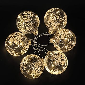 6 x Christmas Tree Baubles Balls Hanging Glass Baubles with Warm White LED Lights for Xmas Tree Holiday Party Festival Decoration (80mm)
