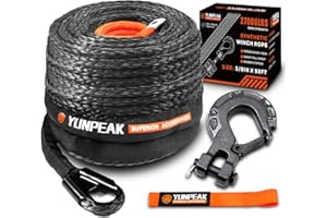 YUNPEAK Synthetic Winch Rope Kit, 3/8" x92 ft 27000LBS Winch Cable Replace Kit, with Protective Sleeve, Heavy Duty Hook, Safety Pull Strap for Off-Road 4x4 Vehicles SUV Jeep(Black)