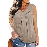 Eytino Plus Size Tank Tops for Women Summer V Neck Pleated Front Loose Casual Sleeveless Shirts Blouse(1X-5X)