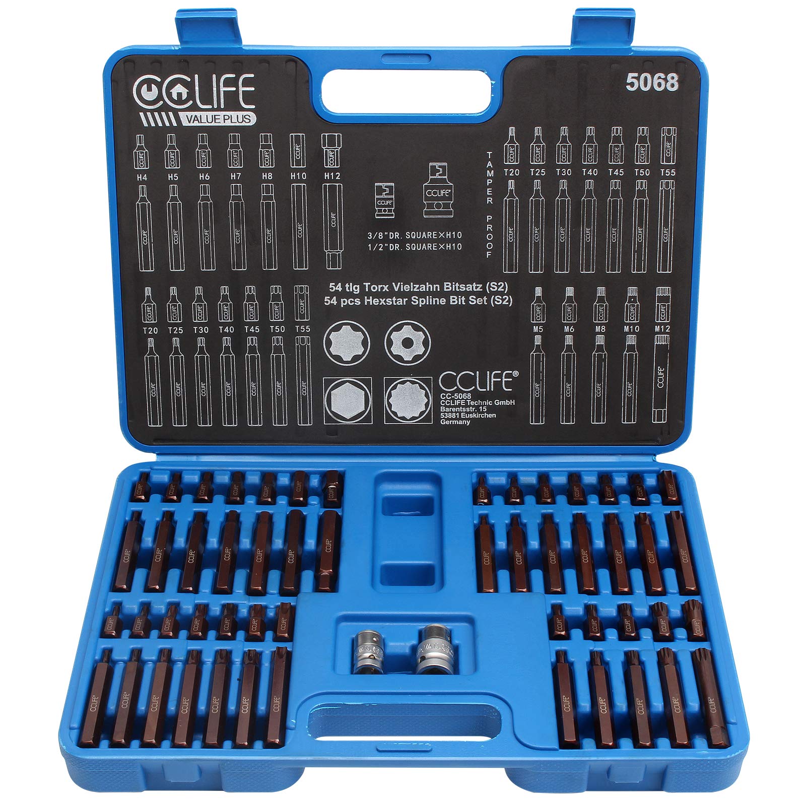 CCLIFE 54 pcs Combined Bit Set, S2 Tool Steel Hexstar Spline Bit Kit 3/8' & 1/2' Adaptor H4-H12 M5-M12 T20-T55