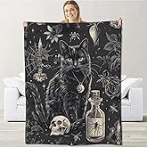 Goth Skull Blanket for Boys Kids Men Women, Flannel Skeleton Blankets Gifts, Halloween Black Cat Throw Blanket for Sofa Couch Bed Living Room Soft Warm Cozy Gothic Decor 60" x 50"