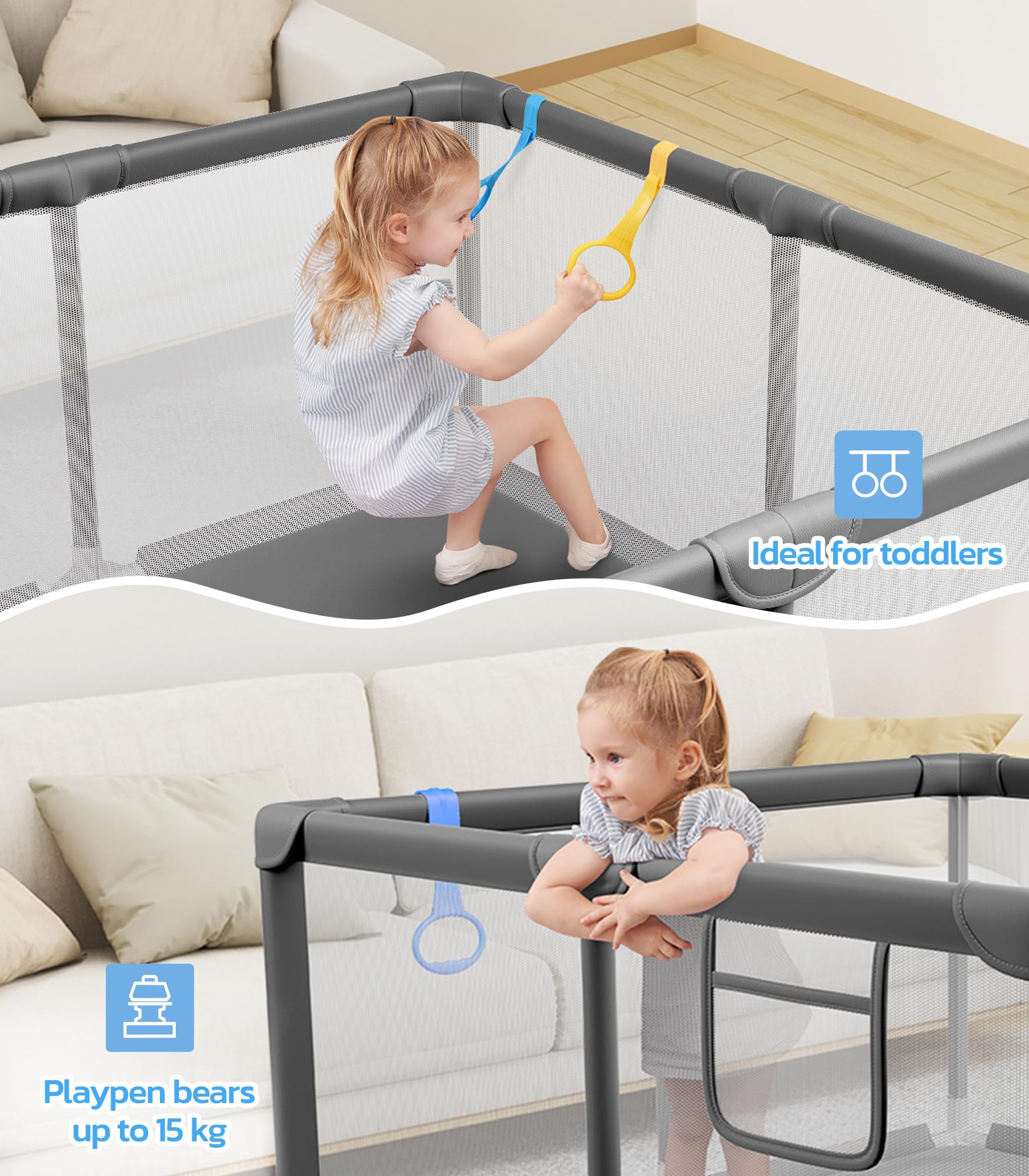 Dripex Baby Playpen, 47×47 Inch Small Playpen for Babies, Enhanced Safety Baby Play Yard for Indoor & Outdoor, Infant Play Pen with Soft Breathable Visible Mesh, Anti-Fall Design & Easy Setup, Grey